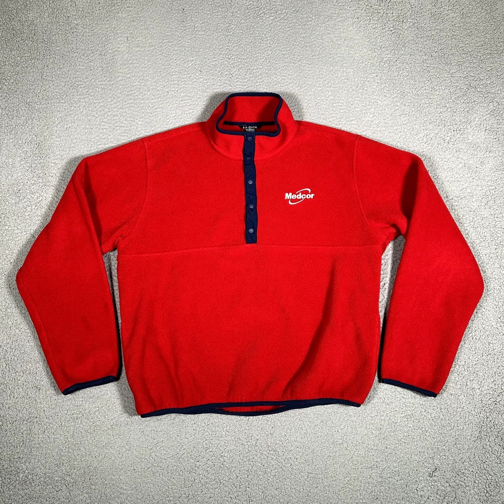 LL Bean Sweater Mens Large Red Fleece Snap Tee Casual Preppy Logo Warm Polyester - Picture 2 of 12